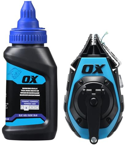 OX Pro 50ft Precision Chalk Line Tool Value Pack - Kevlar Ultra Fine Line Blue Chalk Reel with 1.5oz Blue Powder Refill - 3:1 Gear Ratio Choclain Tiralineas Choclay