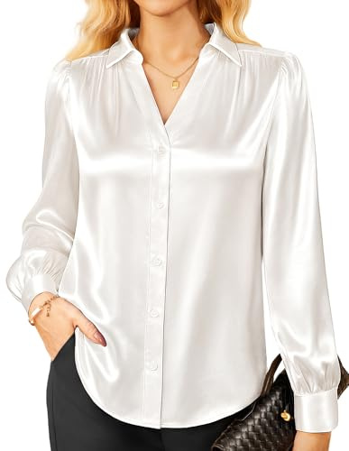GRACE KARIN Womens Satin Blouse Long Sleeve Silk Shirts Regular Fit Button Down Blouse Office Business Casual Ladies Tops White S
