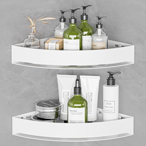Wisfame Estantería Ducha Esquina Sin Taladro Estante de Ducha Angulares de Aluminio Antióxido Estante Blanco para Pared para Almacenaje Baño, 2 Unidades, Soporta 8 kg por Nivel
