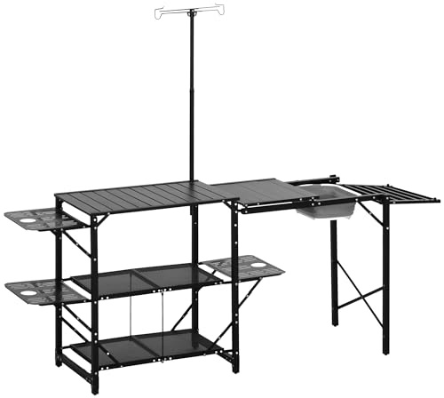 Outsunny Mesa de Cocina de Camping de 3 Niveles, Mesa de Camping Plegable Portátil con Fregadero, Estantes de Almacenaje, Soporte para Lámpara, Bolsa de Transporte para Exterior 173x52x80-174 cm Negro