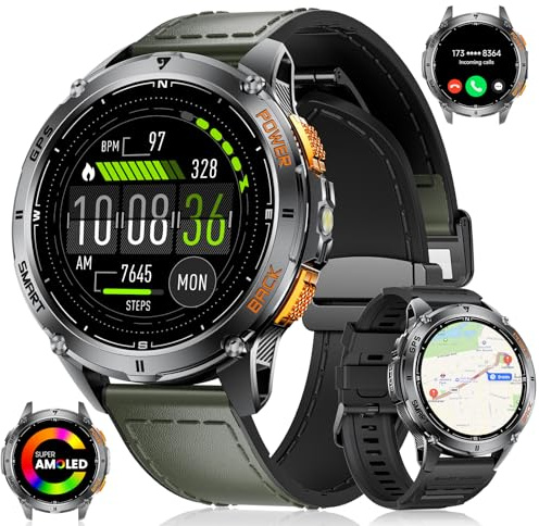 Smartwatch da Uomo con GPS, Smart Watch con Torcia LED/IP68 Impermeabile/30+Giorni di Batteria, Display AMOLED da 1,43 Fitness Tracker con Funzione Telefonica, Bussola, Barometro, Altimetro, 110+