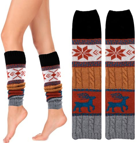 Kuvarix Guetre Femme, 1 Paires Jambiere Femme, Motif Flocon de Neige et Renne avec Correspondance des Couleurs Rétro Automne et Hiver, Leg Warmers de Style Noël, Taille Unique