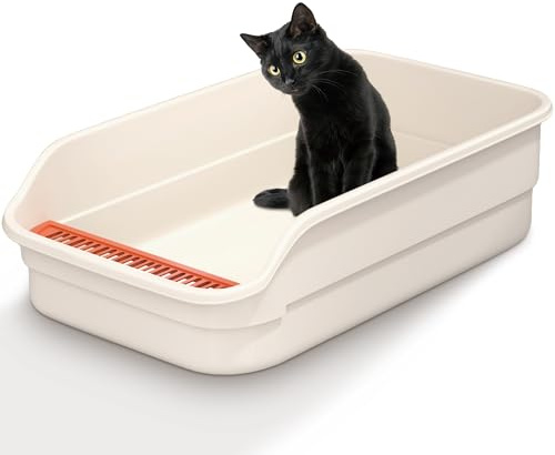Vealind Large Cat Litter Tray High Sided and Low Entry Cat Litter Box 60 x 40 x 16 CM Easy Access Leak Proof Anti Splash Kitten Litter Trays (Beige)