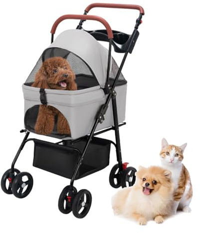 Pet Stroller-Folding 4 Wheels Cat/Dog Stroller for Medium Small Pets with Storage Basket and Cup Holder Suitable for Going Out and Traveling (Grey)