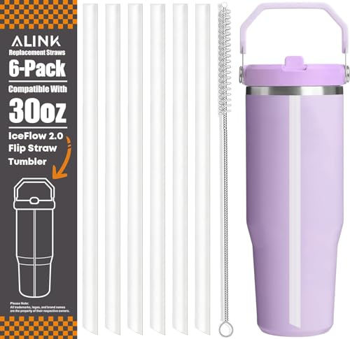 ALINK Replacement Straws for Stanley IceFlow 2.0 Flip Straw Tumbler 30oz, 6 Pack Reusable Clear Plastic Straws Compatible with 30oz IceFlow Cup with Cleaning Brush, Angled Design, Dishwasher Safe