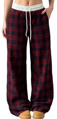 Adigau Dam, vintage, rutiga byxor, Y2K, fritidsbyxor med breda ben, långa joggingbyxor med fickor, lösa loungebyxor, hög midja, sportbyxor, streetwear, röd, L