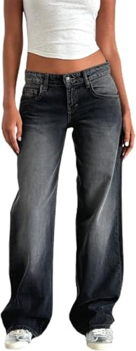Jeans Y2K taille basse baggy pour femmes, pantalon en jean décontracté ample avec poches, style boyfriend, coupe droite et large, streetwear, Blanc/gris., L