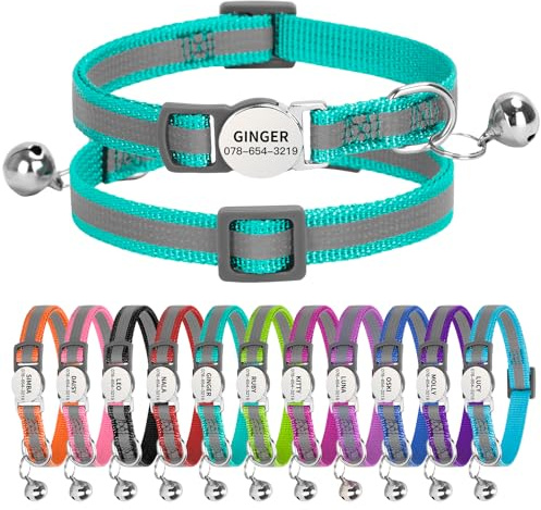Personalised Reflective Cat Collar with Name Tag,Quick Release Kitten Collars with Bell Safety Buckle, Adjustable Nylon Cat Collar for Cats Kittens UK Prime (19–30 cm, Dark Green Strip)