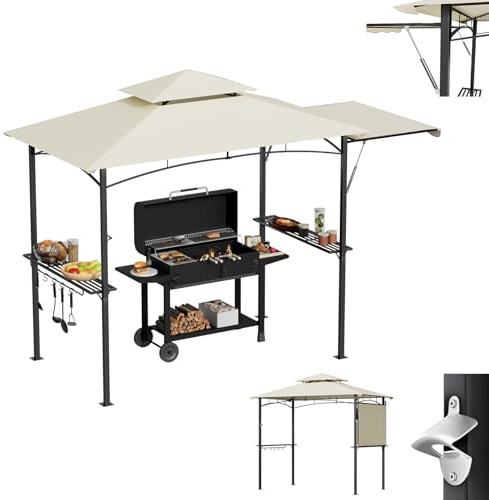 LZQ Grillpaviljong med sidomarkis dubbeltak BBQ paviljong grilltak med hyllor krokar flasköppnare väderbeständig grilltält trädgårdspaviljong grillskydd med hydraulisk stång, beige
