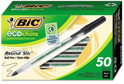 BIC Ecolutions Round Stic Ballpoint Pen, Medium Point (1.0mm), Black, 50-Count, For a Smooth Writing Experience