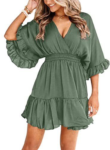 Aoysky Womens V Neck Casual Dresses Summer Loose High Waist Ruffle Pleated Cute Mini Short Dress Green