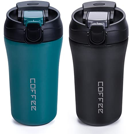 Coffee Cup, Travel Coffee Mug 400ml x 2 Pack, Vacuum Insulated Stainless Cups with Lids and Straws, Reusable Leakproof Bottle for Hot Cold Drinks, Car Thermos Gift for Men and Women, Black Green