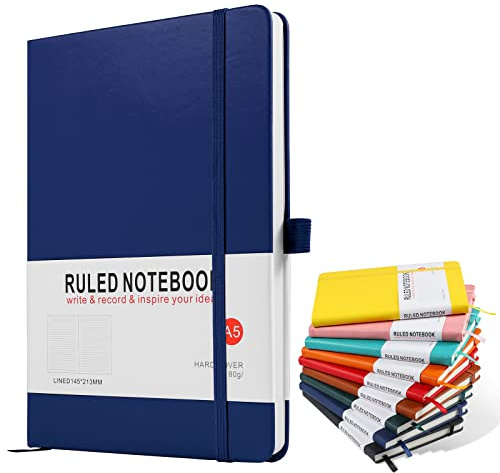 A5 Notebook, Journal Note Pad 200 Pages 80 GSM Journal Notebook Hardback Notepad Composition Notebooks with Lined Pages, Pen Loop and Expandable Paper Pocket, Journal Notepad Note Book-Blue