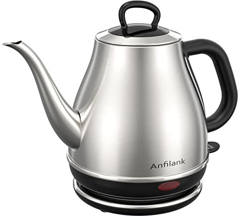 Anfilank Electric Gooseneck Kettle, 1L 1500W Fast Boil, 100% Stainless Steel BPA Free Pour-Over Coffee & Tea Kettle, Water Boiler with Auto Shut & Boil-Dry Protection, Silver