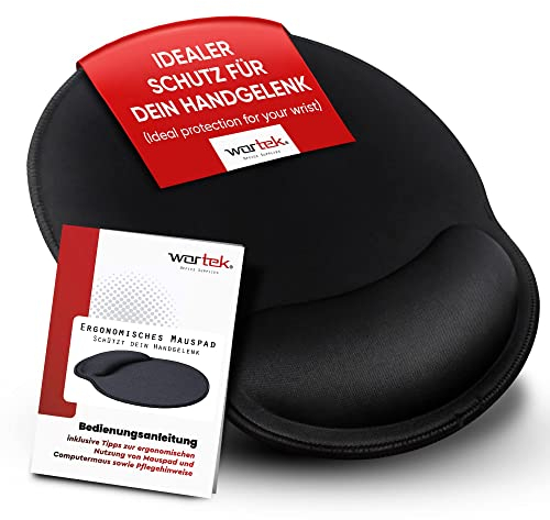 wortek Mauspad mit Gelkissen aus Memoryschaum - 23x26cm - Ergonomisches Mauspad mit Handgelenkauflage - vernähte Kanten - Maus Pad mit Handauflage Mousepad für schonende Haltung – Schwarz