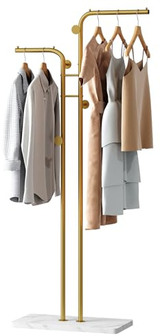 HOMEFORT Coat Rack, Freestanding Metal Coat Racks, Double-pole Clothes Hat Stand with 5 Hooks for Closet, Bedroom, Entryway, Living Room, Gold