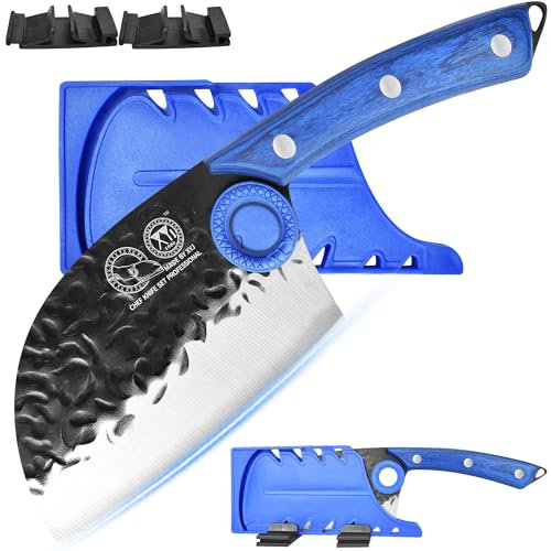 XYJ Coltello da cucina nero, mannaia in acciaio ad alto tenore di carbonio da 4,5 pollici, coltello da macellaio serbo forgiato a mano, coltello da taglio per carne con fodero per il campeggio