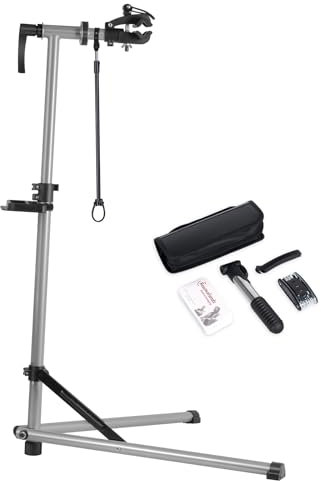 Urban Deco Fahrrad Montageständer Stabiler Fahrrad Reparaturständer aus Metall, 50kg Kapazität, Höhenverstellbar bis 160cm, 360° Drehbare Halterung, Fahrradhalter mit Werkzeugablage (Silber)