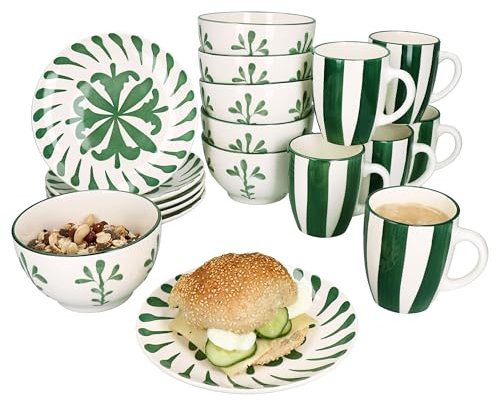 MamboCat Wald Green Service de petit-déjeuner 18 pièces I 6 petites assiettes à petit-déjeuner, bol à céréales et tasses à café pour 6 personnes avec branches et rayures I Noël