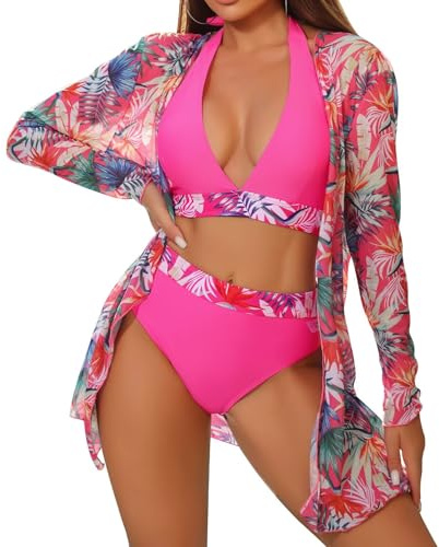 TERODACO 3 Piece Womens Bikini Sets Halter Neck Removable Padded Swimming Costume Women Soft Quick Dry Cover Ups for Ladies Beachwear Swimsuit Bathing Suit,Seamless Lightweight 6011 Pink L