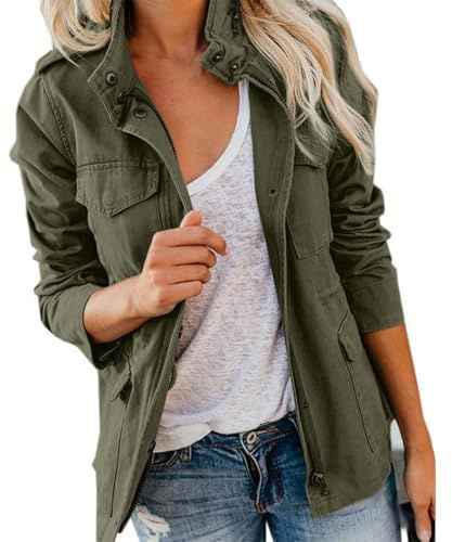 KIHFSODN Womens Cargo Jackets Outdoor Military Combat Cotton Casual Work Utility Safety Anorak Field Safari Parka Jacket Multi-Pocket Lightweight Practical Fall Transitional Jackets