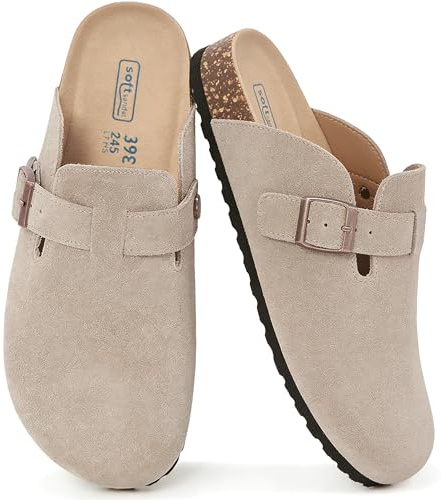 Zandrix Genuine Suede Clogs for Women Cork Footbed Mules Sandals | Non-Slip Arch Support Potato Shoes Comfort Leather Upper Slip-on Slides with Adjustable Buckle
