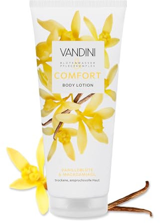 VANDINI Comfort, lozione per il corpo da donna, 200 ml, con fiori di vaniglia e olio di macadamia, lozione per il corpo per pelli secche e esigenti, vegana, senza parabeni e siliconi, Made in Germany