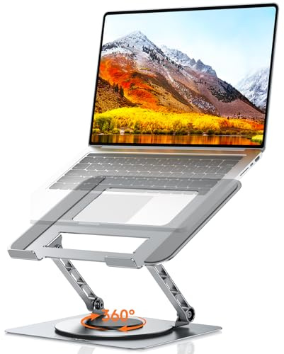 TECKNET Adjustable Laptop Stand for Desk 360° Rotating Ergonomic Laptop Holder with Cooling Ventilation – Foldable Design for 10kg/10-17.3 Inch Laptops, MacBooks & Tablets (Silver)