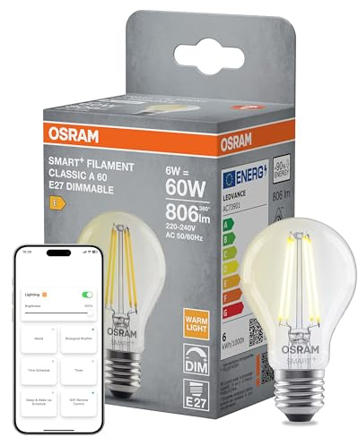 Osram SMART+ LED-Lampe, A60, 6W, 2700K, E27, Kolbenform, Filament, klar, dimmbar, steuerbar mit App oder Sprachassistent, Matter kompatibel