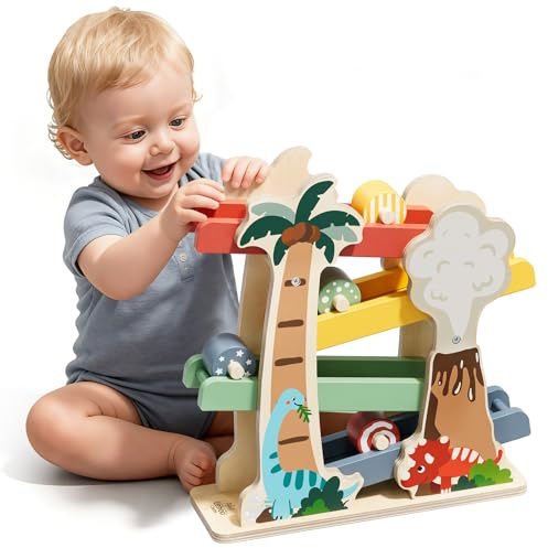 Lehoo Castle Toddler Toys Wooden Ramp for 1 2 Year Old Boys, Baby First Birthday Gifts with 4 Rollers 12 Month+ Montessori Dinosaur Toys