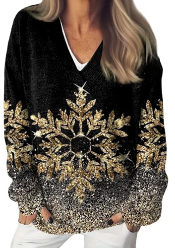 Gienslru Pull Femme Col V Chic Pulls Hiver Chaud Noël Halloween Sweat Vintage Norvégien sous Automne Tricotés Chauds Oversize Manches Longues Élégant Décontracté Grande Taille Causal Pullover Gilet