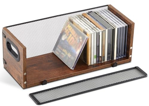 Geelin 1 Pcs Wooden Cd Storage Box Holder Racks Retro Cassette Tape Display Stand with Carrying Handles, Organizer Shelf for Movie Cases, Dvds, Cd Organizer Can Store up to 36 Pcs