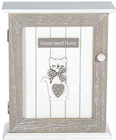 SPOTTED DOG GIFT COMPANY - Armadietto Portachiavi da Parete con Motivo Gatto e Scritta Home Sweet Home - Decorazione per l'ingresso con 6 Ganci - in Legno - Grigio/Bianco