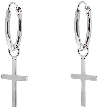 ENTREPLATA Pendientes de Plata 925 Unisex – Joyas Modernas para Hombre y Mujer – Par de Aros 2 Criollas con Charm Colgantes Aro Cruz