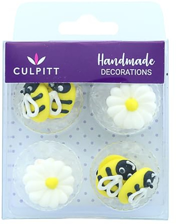 Culpitt Lot de 12 décorations en sucre glace en forme d'abeille et marguerite faites à la main pour Pâques, fête des mères, révélation du sexe