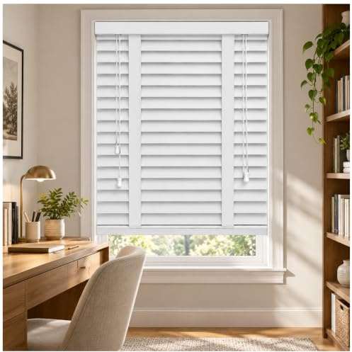 White Faux Wood Wooden Blinds Windows Venetian Blinds 75W x 213L cm | 50mm Horizontal Smooth Slats with Tape Trimmable Easy Fit Home Office Child Safe Windows Blind