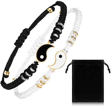Yaomiao 2 Braccialetti di Cordino Regolabile Abbinati Yin Yang Bracciali per Migliore Amico Braccialetti Coordinati Magnetici per Coppie Donne Uomini San Valentine (Perla in Argento, Stile Yin Yang)