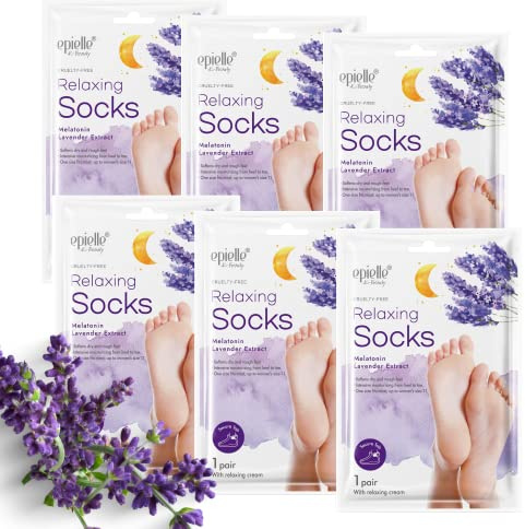 Epielle Relaxing Foot Mask 6 Pairs, Soften and Restore with Melatonin & Lavender Extract, Deep Moisturizing Socks for Dry, Cracked Feet, Self Care Gifts for Women, Spa Kit, Mothers Day Gifts