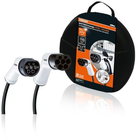 OSRAM BATTERYcharge 7PIN | 1PHASE, laddkabel för elbilar, kompatibel med alla typ 2 fordon och typ 2 32A 1-fas laddningspunkter med en 32A laddningshastighet på upp till 7.2 kWh. 5 meters kabellängd
