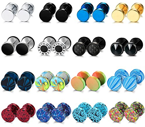 JeryWe 16 Pairs Ensemble de Boucles D'Oreilles Pour Homme Femmes en Acier Inoxydable Punk Boucles D'Oreilles Haltères à Pois Faux Plugs Boucles d'oreilles Clou Piercing 8mm