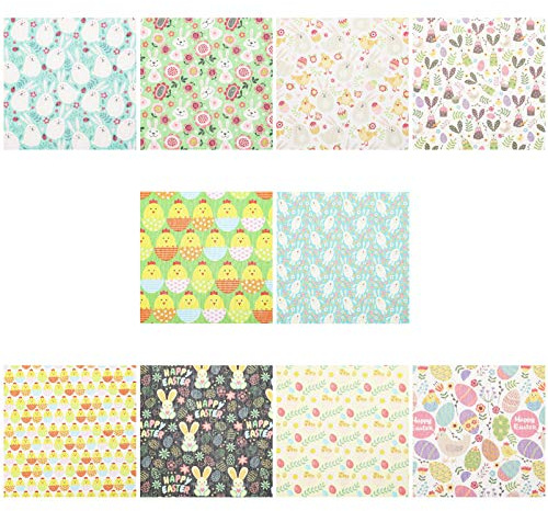 Beavorty Easter Egg Decorative Cloth Cotton Quilted Fabric Bundle 10Pcs Fat Quarter Squares for Easter Crafts Patchwork Quilting 9.8X9.8 Inches