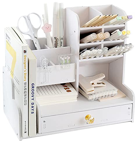 Axroad Mall Desktop Stationery Organiser with Drawer, DIY White Pencil Holder Pen Organiser Desk Tidy Caddy Art Supply Organizer