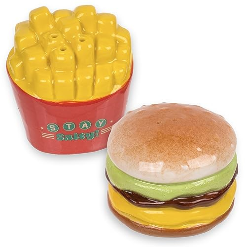 MIJOMA Juego de salero y pimentero - Elegante diseño de porcelana, apto para alimentos, fácil de rellenar, varios diseños divertidos y lindos a elegir (hamburguesas y patatas fritas, 2 piezas)