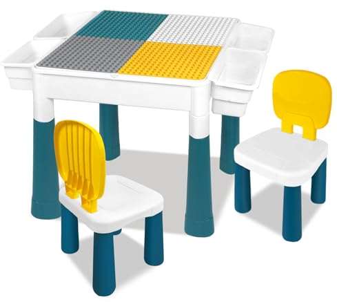 FIVMEN Kindertisch mit 2 Stühlen Plastik Kindersitzgruppe Kinder Tisch Stuhl Set mit 163 Stück Bausteinen und Stauraum Sitzgruppe Maltisch Aktivitätstisch für Jungen und Mädchen, Typ A