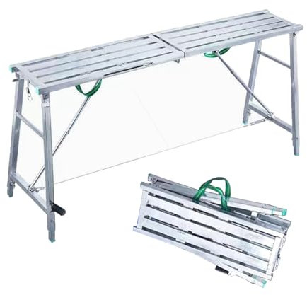 Piattaforma di lavoro regolabile con scala, 2 in 1 come cavalletto e banco da lavoro, piattaforma per impalcature pieghevoli portatili, gambe in acciaio da 881 ibs, sgabello per riporre facilmente il