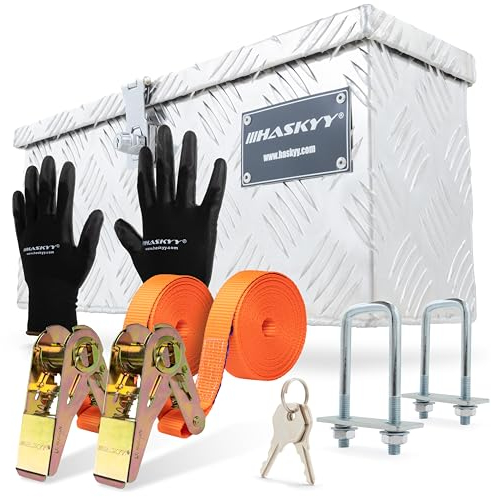 Aluminium Box Set Werkzeugkasten 485x140x200 mm inkl. 2x Spanngurte mit Ratsche 5m*27mm Befestigungsriemen 400-800 daN & schwarze Handschuhe