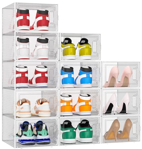 StowBin Scarpiera – 12 scatole impilabili in plastica trasparente per scarpe, contenitori per scarpe con coperchio, per donne/uomini, scarpiera, misura UK 12 (33 x 25 x 16 cm, trasparente)