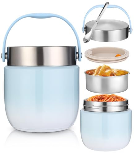 Thermobehälter für Essen 1200ml, Thermoschüssel mit Deckel, Warmhaltebehälter aus Edelstahl mit Faltbaren Löffel, Lunchbox Thermo Kinder Erwachsene für die Aufbewahrung von Brei, Suppen, Eiscreme,Blau