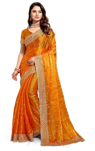 CRAFTSTRIBE Women's Art Silk Heavy Sequence Work Mustrad Sarees For Women With Blouse Piece
