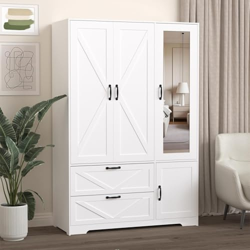 UZUGUL Armoire Wardrobe Closet with Drawers and Mirror, 72 Bedroom Wardrobe Cabinet with Motion Sensor Light, Hanging Rod & Adjustable Shelves, Bedroom Clothing Storage Closet with 3 Doors
